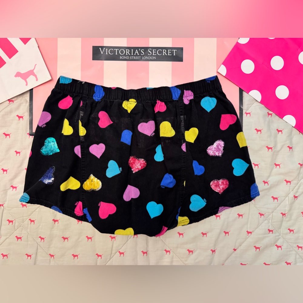 VS PINK VINTAGE Y2K COTTON BOOTY BOXER SHORTS BLACK RAINBOW HEARTS BLING RARE M - Picture 7 of 7